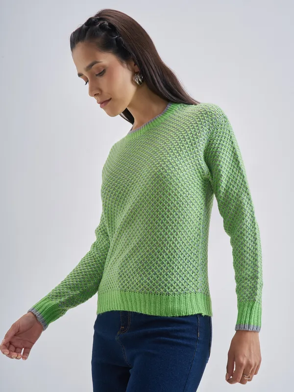 Tokyo Talkies Women Green Round Neck Sweater