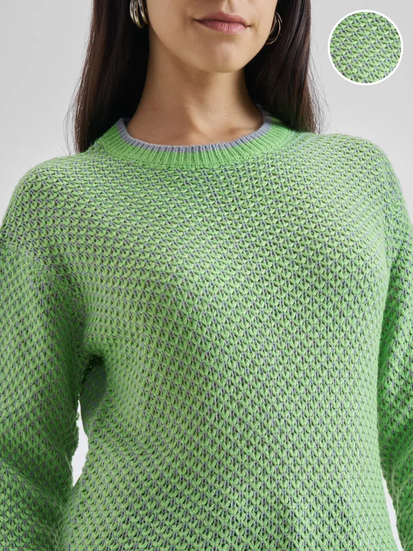 Tokyo Talkies Women Green Round Neck Sweater