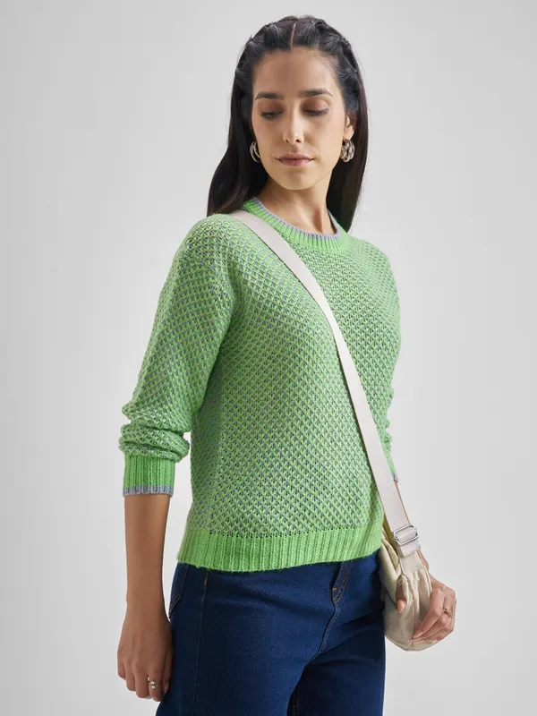 Tokyo Talkies Women Green Round Neck Sweater