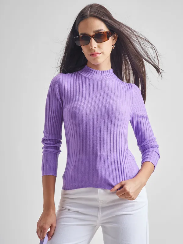  Tokyo Talkies Women Purple Mock Collar Sweaters