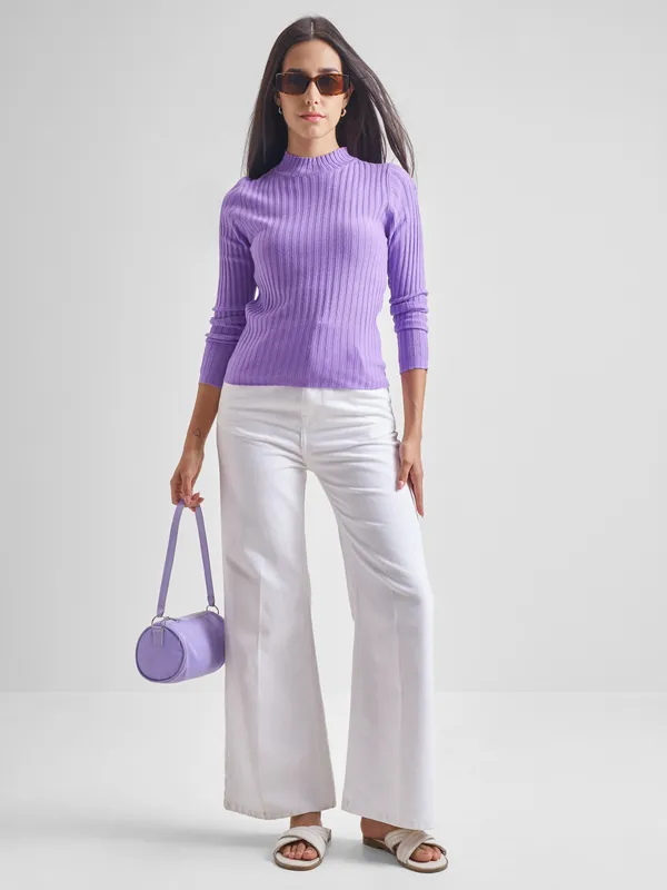  Tokyo Talkies Women Purple Mock Collar Sweaters