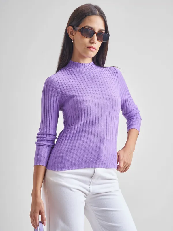  Tokyo Talkies Women Purple Mock Collar Sweaters