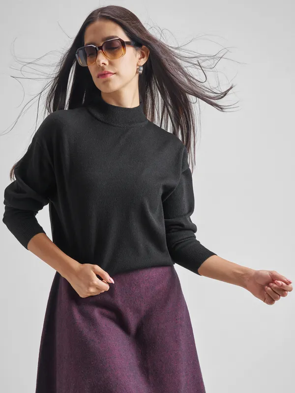 Tokyo Talkies Women Black Turtle Neck Sweater