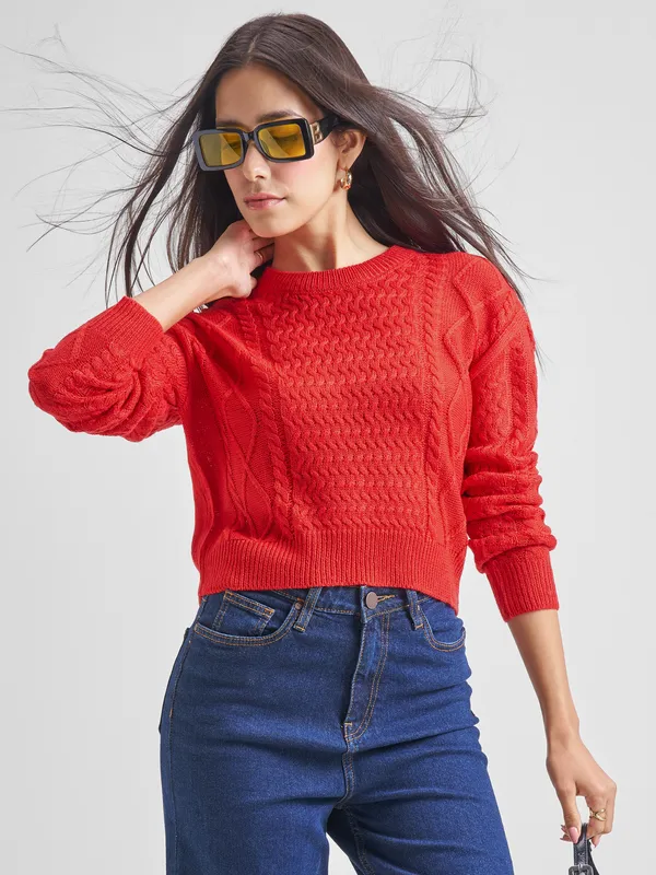 Tokyo Talkies Women Red Round Neck Sweater