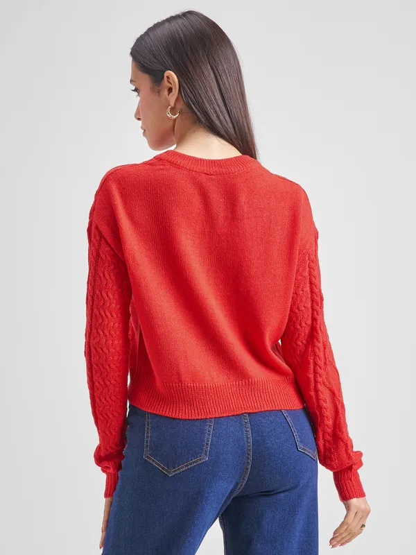 Tokyo Talkies Women Red Round Neck Sweater