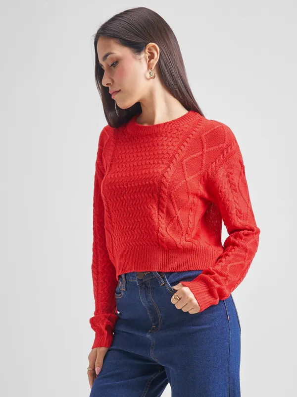 Tokyo Talkies Women Red Round Neck Sweater