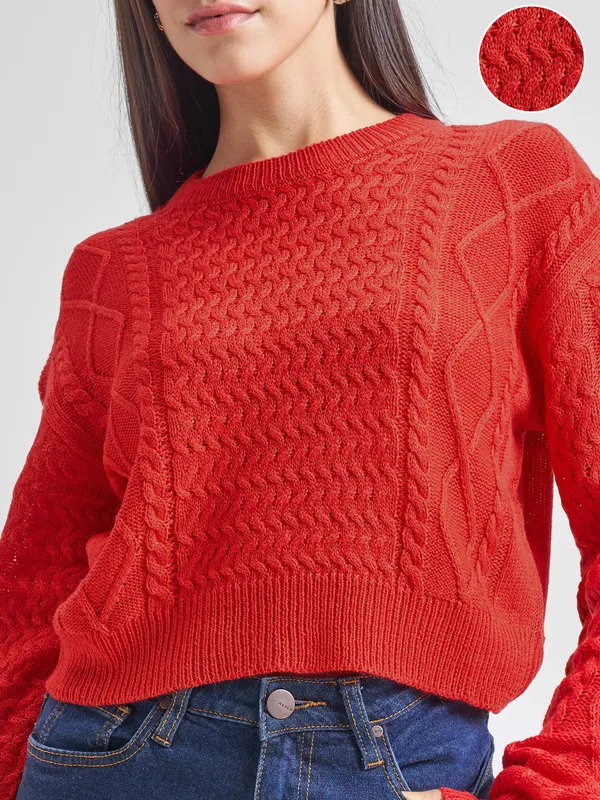 Tokyo Talkies Women Red Round Neck Sweater