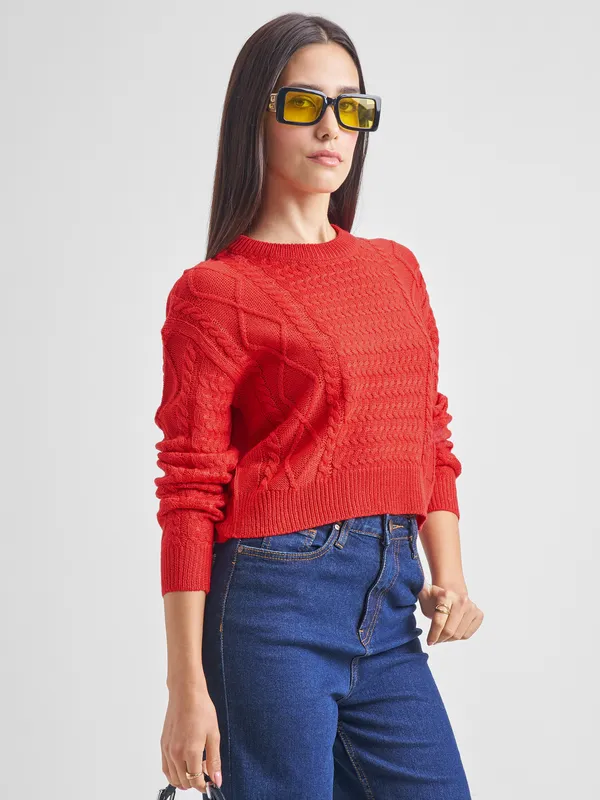 Tokyo Talkies Women Red Round Neck Sweater