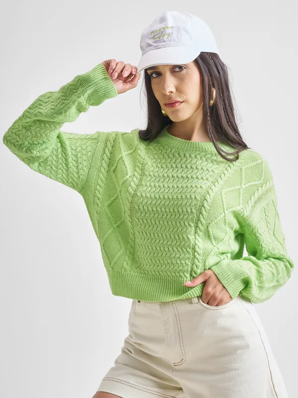 Tokyo Talkies Women Green Round Neck Sweater