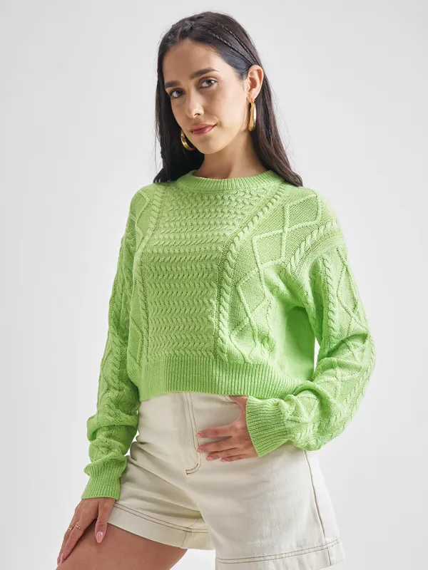 Tokyo Talkies Women Green Round Neck Sweater
