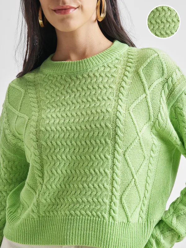 Tokyo Talkies Women Green Round Neck Sweater