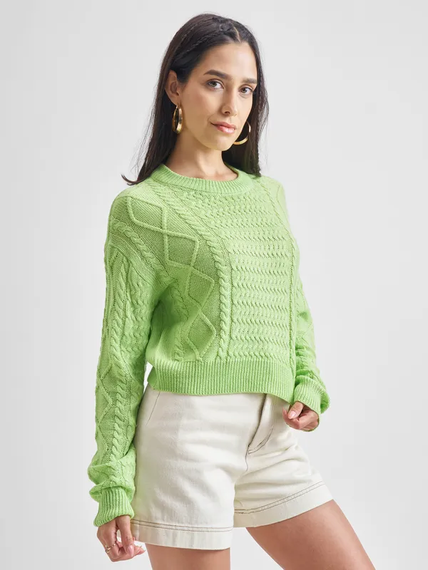 Tokyo Talkies Women Green Round Neck Sweater