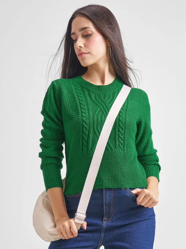Tokyo Talkies Women Green Round Neck Sweater