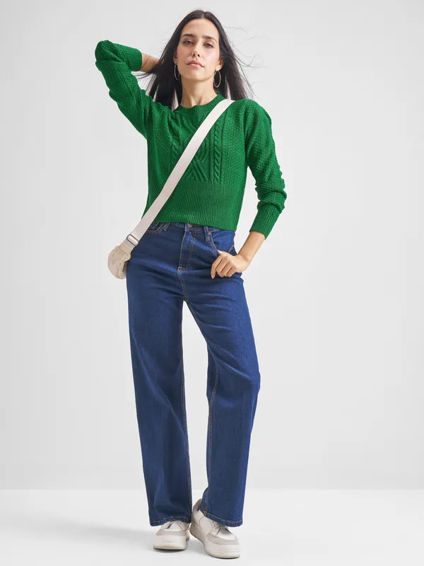 Tokyo Talkies Women Green Round Neck Sweater