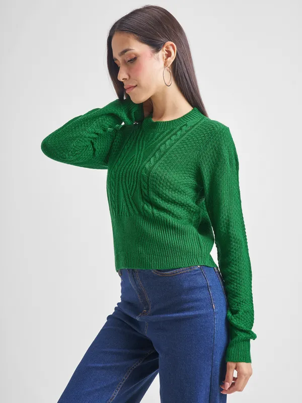 Tokyo Talkies Women Green Round Neck Sweater