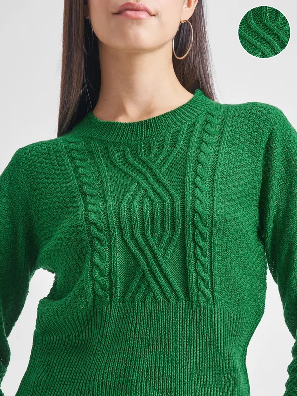 Tokyo Talkies Women Green Round Neck Sweater