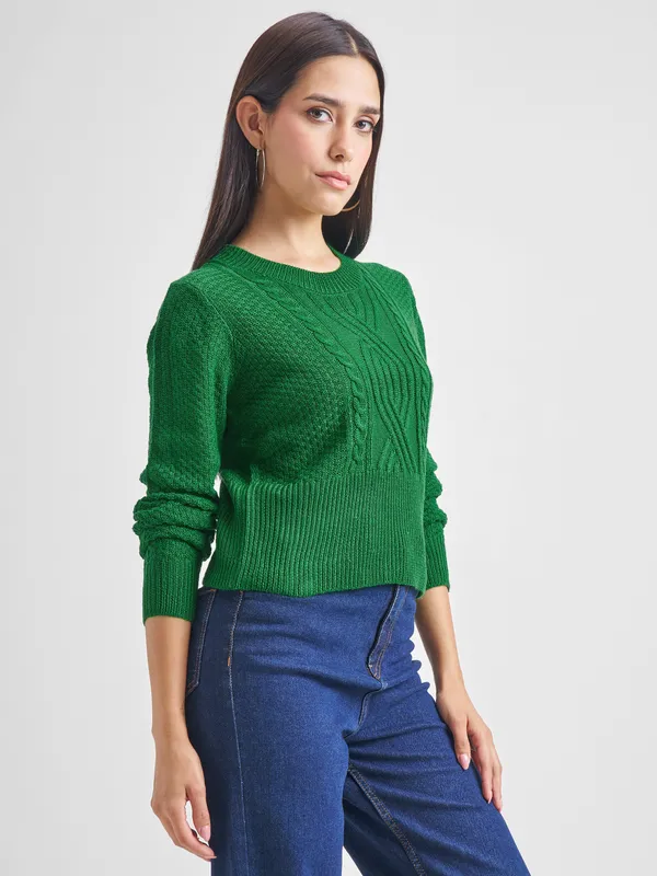 Tokyo Talkies Women Green Round Neck Sweater