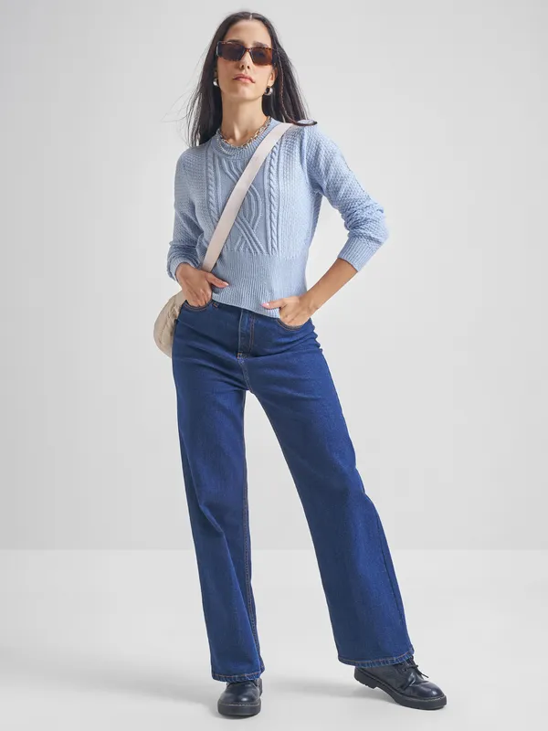 Tokyo Talkies Women Blue Round Neck Sweater