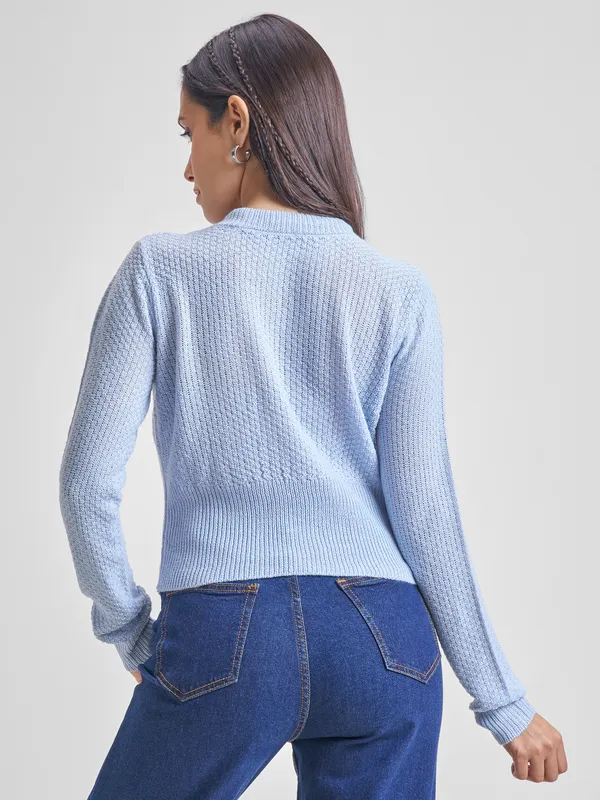 Tokyo Talkies Women Blue Round Neck Sweater