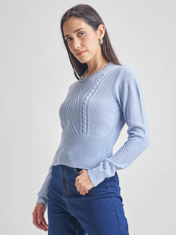 Tokyo Talkies Women Blue Round Neck Sweater