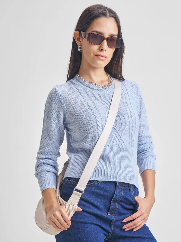 Tokyo Talkies Women Blue Round Neck Sweater