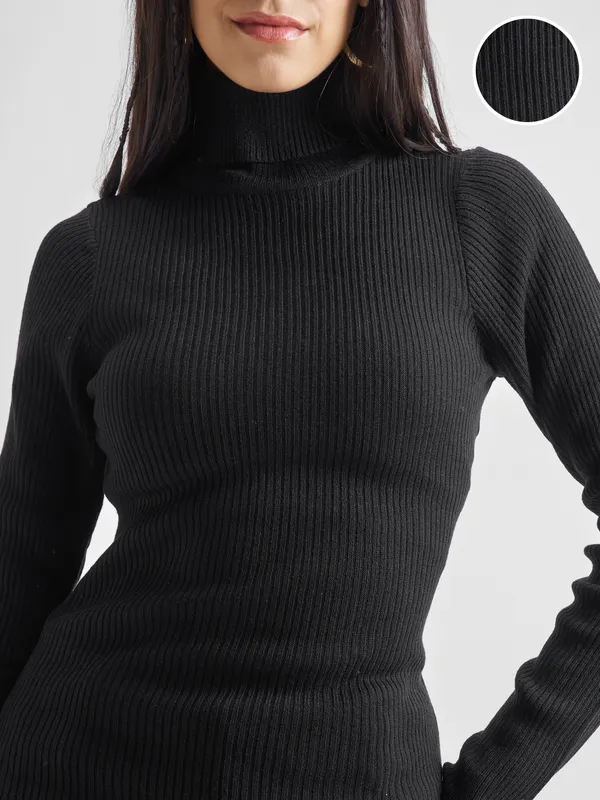 Tokyo Talkies Women Black Turtle Neck Sweater