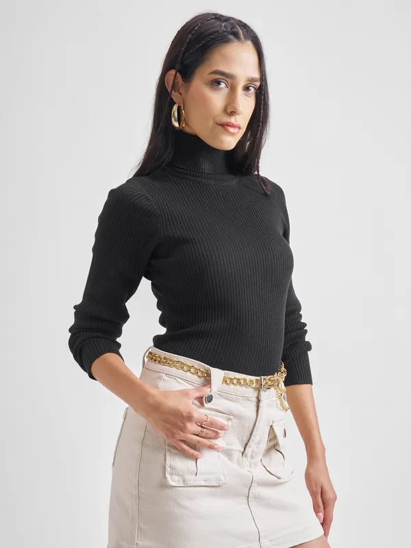 Tokyo Talkies Women Black Turtle Neck Sweater