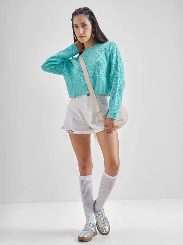  Tokyo Talkies Women Blue Round Neck Sweaters