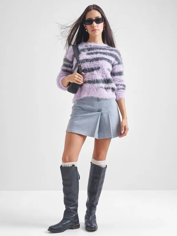 Tokyo Talkies Women Purple Round Neck Sweater