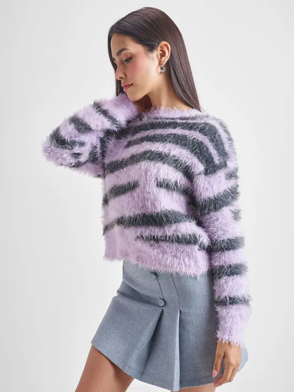 Tokyo Talkies Women Purple Round Neck Sweater