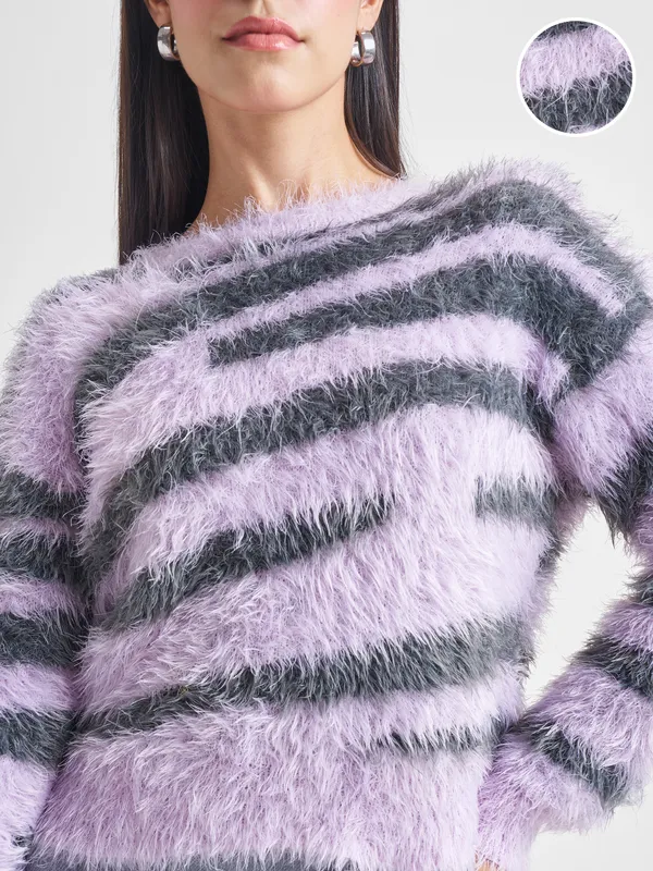 Tokyo Talkies Women Purple Round Neck Sweater