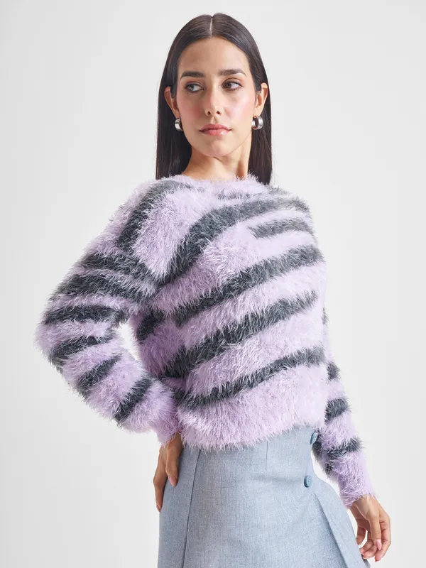 Tokyo Talkies Women Purple Round Neck Sweater