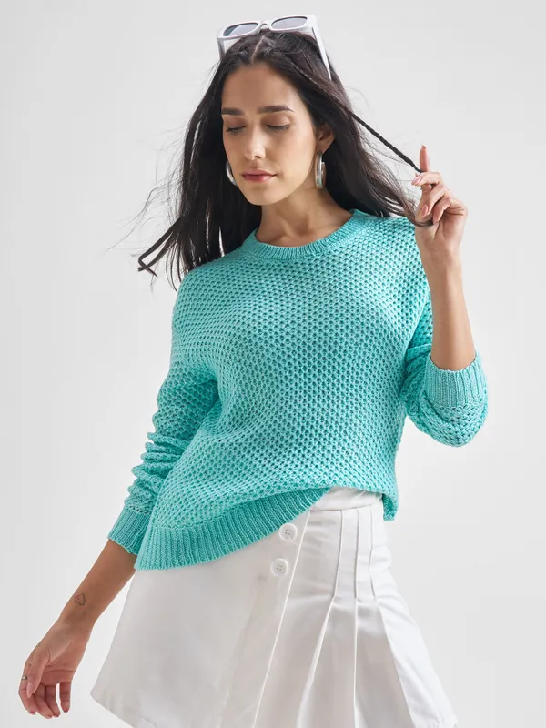 Tokyo Talkies Women Green Round Neck Sweaters