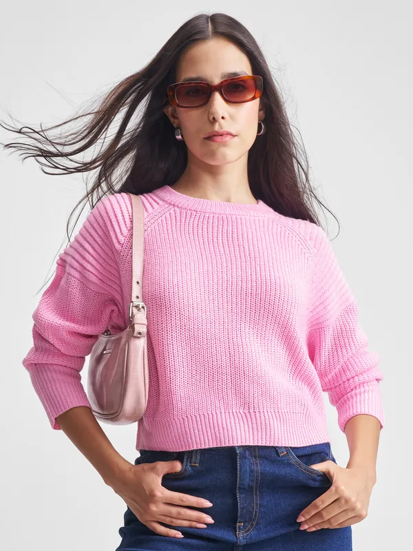 Tokyo Talkies Women Pink Round Neck Sweater