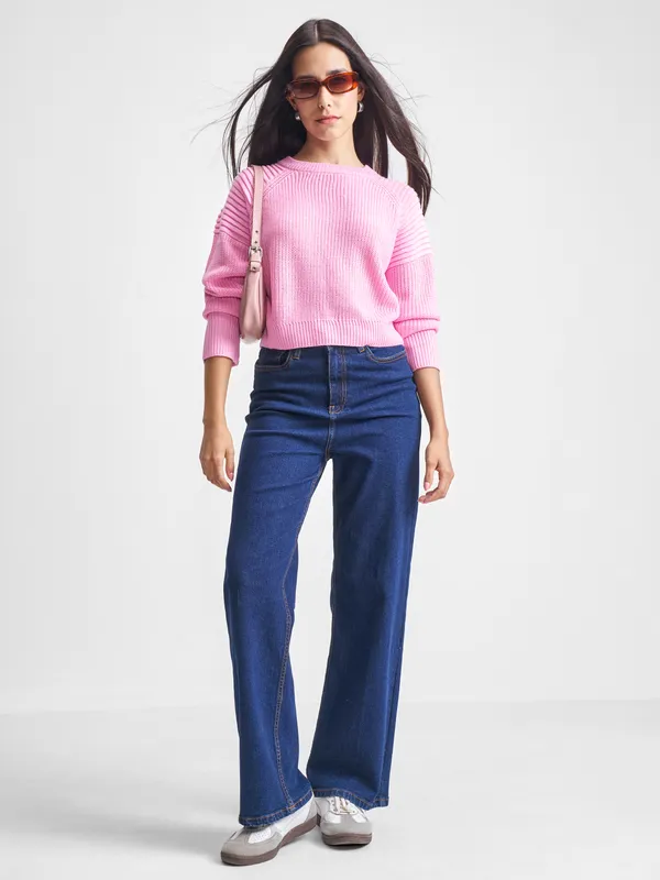 Tokyo Talkies Women Pink Round Neck Sweater