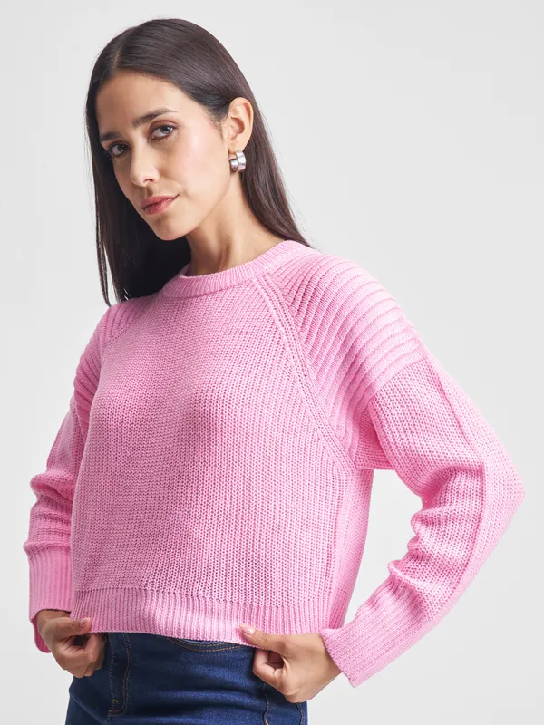 Tokyo Talkies Women Pink Round Neck Sweater