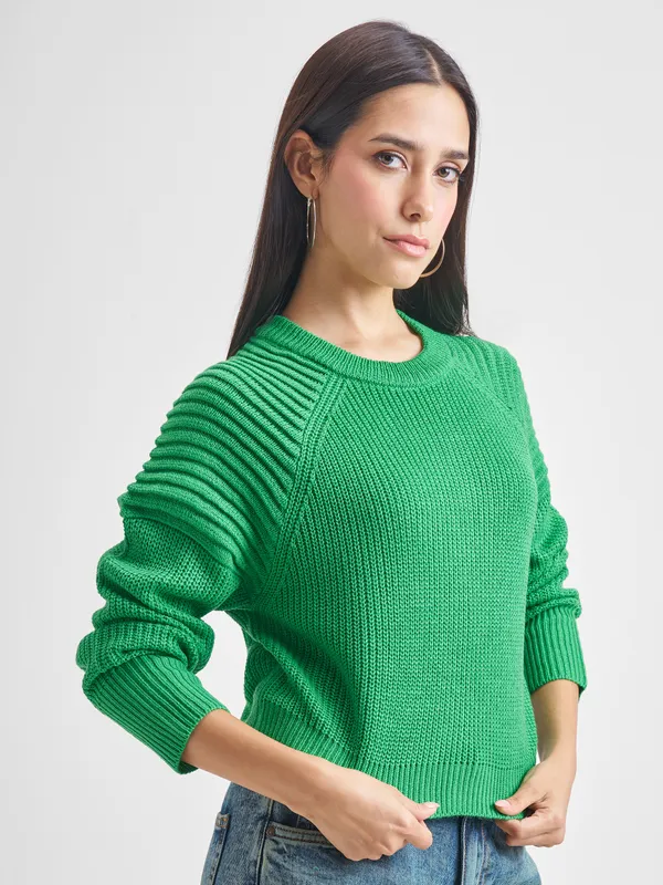 Tokyo Talkies Women Green Round Neck Sweater