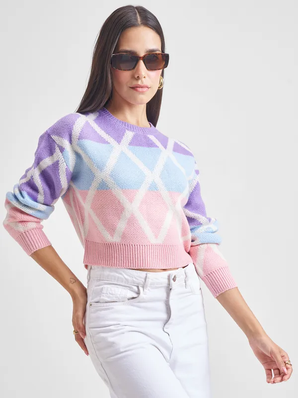 Tokyo Talkies Women Purple Round Neck Sweater