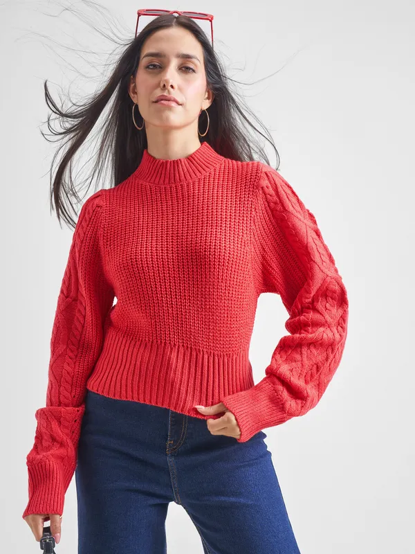  Tokyo Talkies Women Red Mock Collar Sweaters