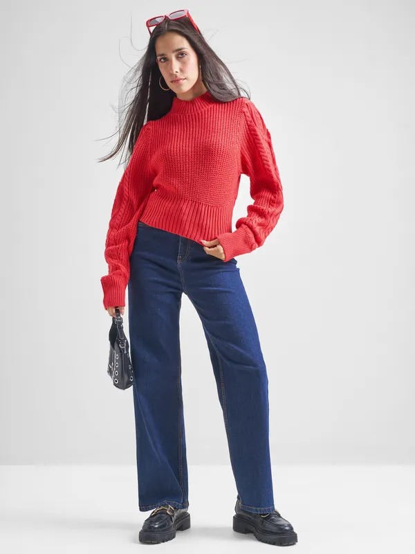  Tokyo Talkies Women Red Mock Collar Sweaters
