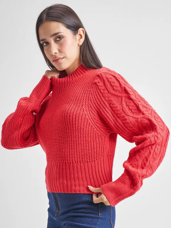  Tokyo Talkies Women Red Mock Collar Sweaters