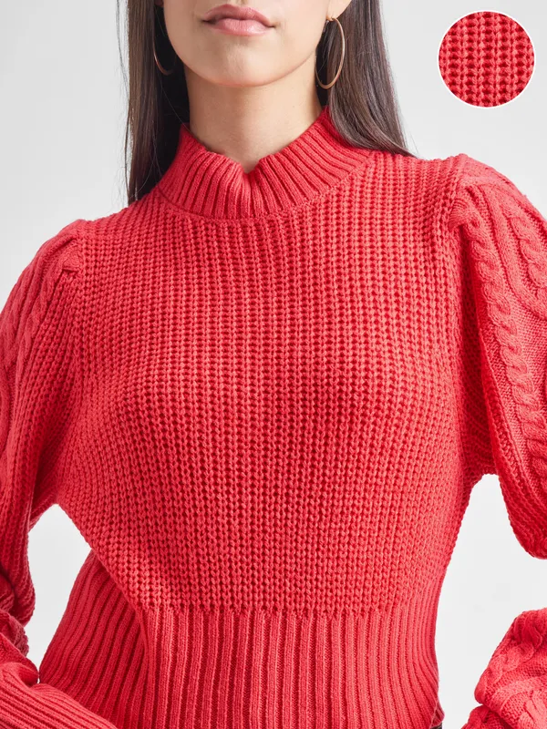  Tokyo Talkies Women Red Mock Collar Sweaters
