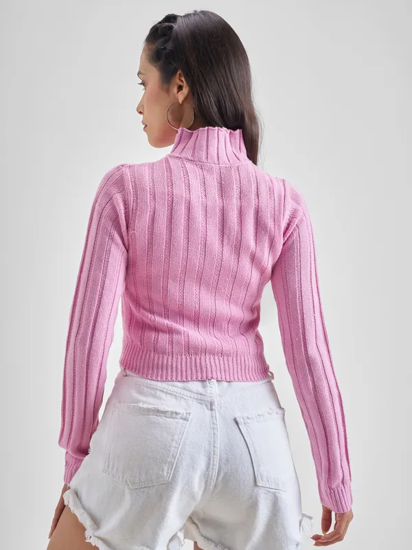 Tokyo Talkies Women Pink Mock Collar Sweater