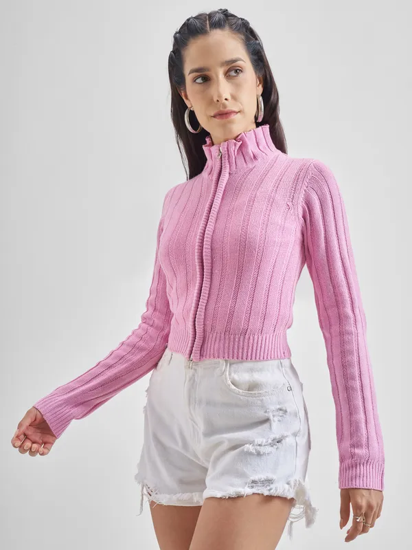 Tokyo Talkies Women Pink Mock Collar Sweater