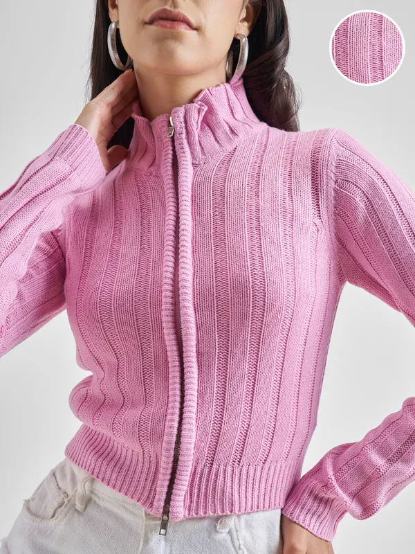 Tokyo Talkies Women Pink Mock Collar Sweater