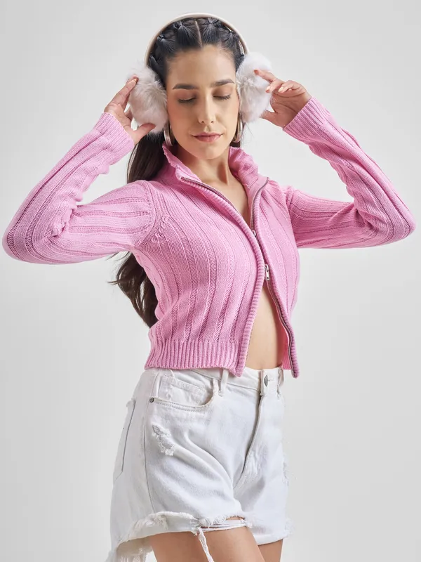 Tokyo Talkies Women Pink Mock Collar Sweater