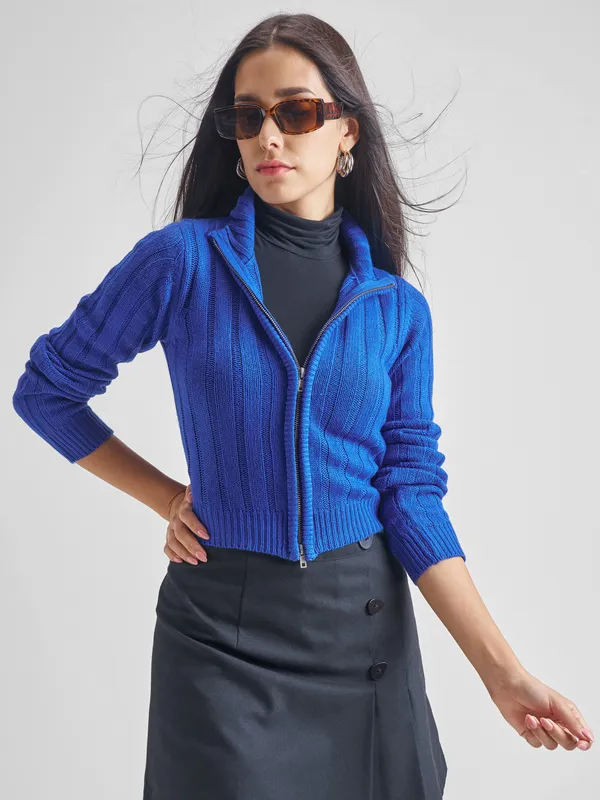 Tokyo Talkies Women Blue Mock Collar Sweater