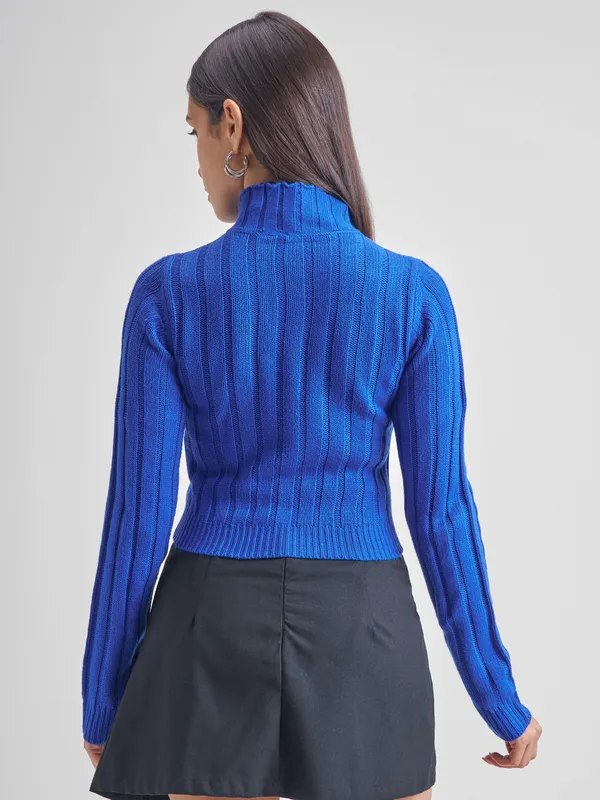 Tokyo Talkies Women Blue Mock Collar Sweater