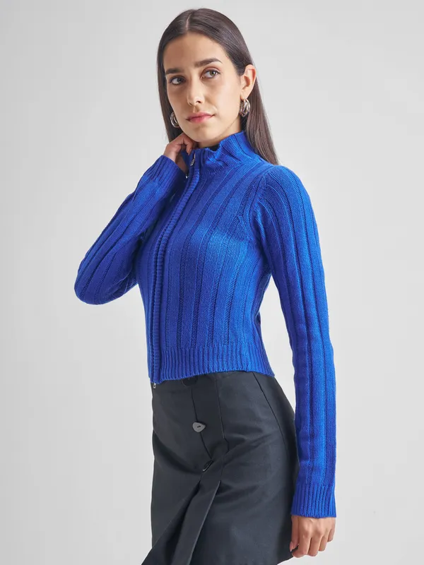 Tokyo Talkies Women Blue Mock Collar Sweater
