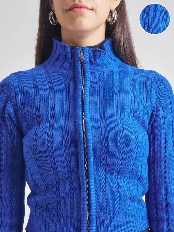Tokyo Talkies Women Blue Mock Collar Sweater